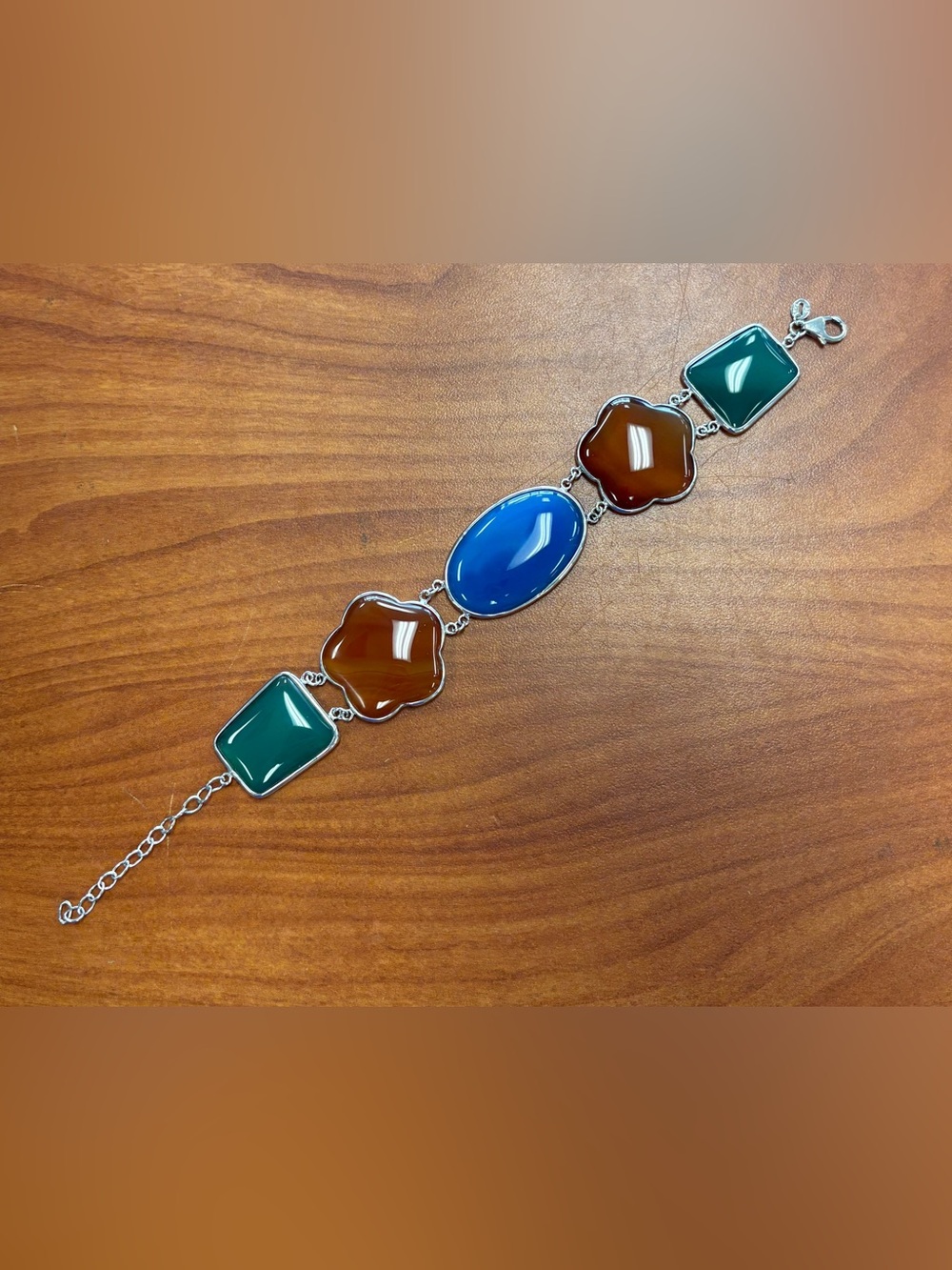 Ross-Simons 925 Sterling Blue Brown Green Multicolor Linked Gemstone Bracelet